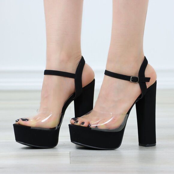 Black Suede Clear Strap Platform High Heels - Picture 2 of 12